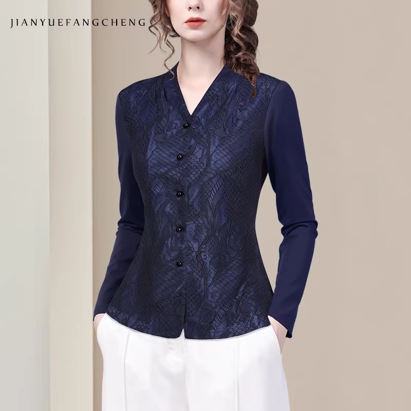Women' V neck Long Sleeve Blue – Thai Silk Blouse recenzja i cena
