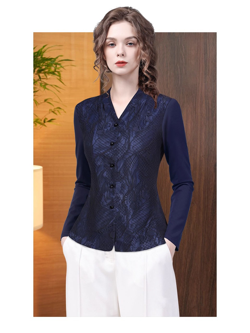 Women' V neck Long Sleeve Blue – Thai Silk Blouse recenzja i cena