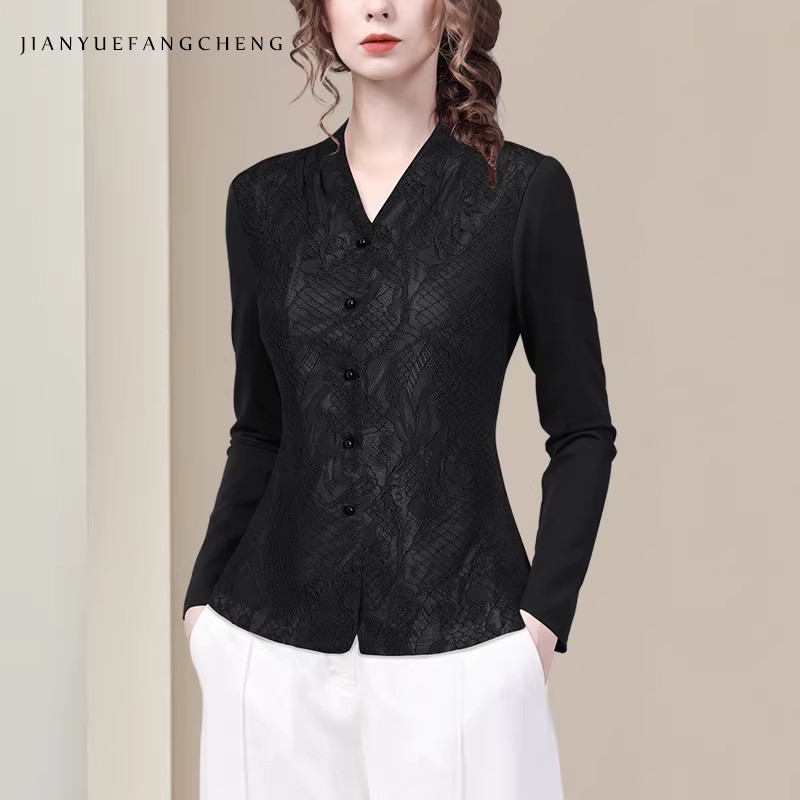Women' V neck Long Sleeve Blue – Thai Silk Blouse recenzja i cena