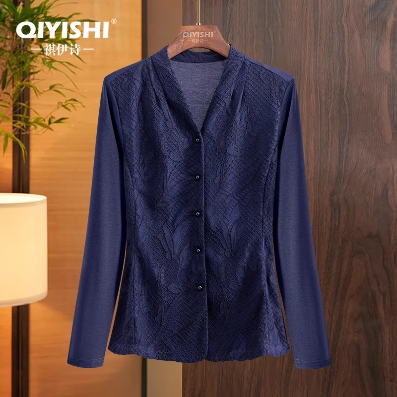 Women' V neck Long Sleeve Blue – Thai Silk Blouse recenzja i cena
